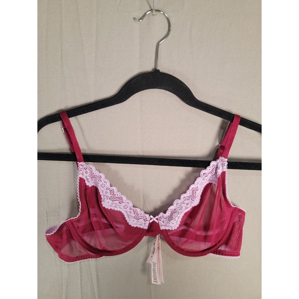 Victorias Secret Tease Bra 36B Berry Wine Sheer Mesh Lilac Lace Unlined Demi